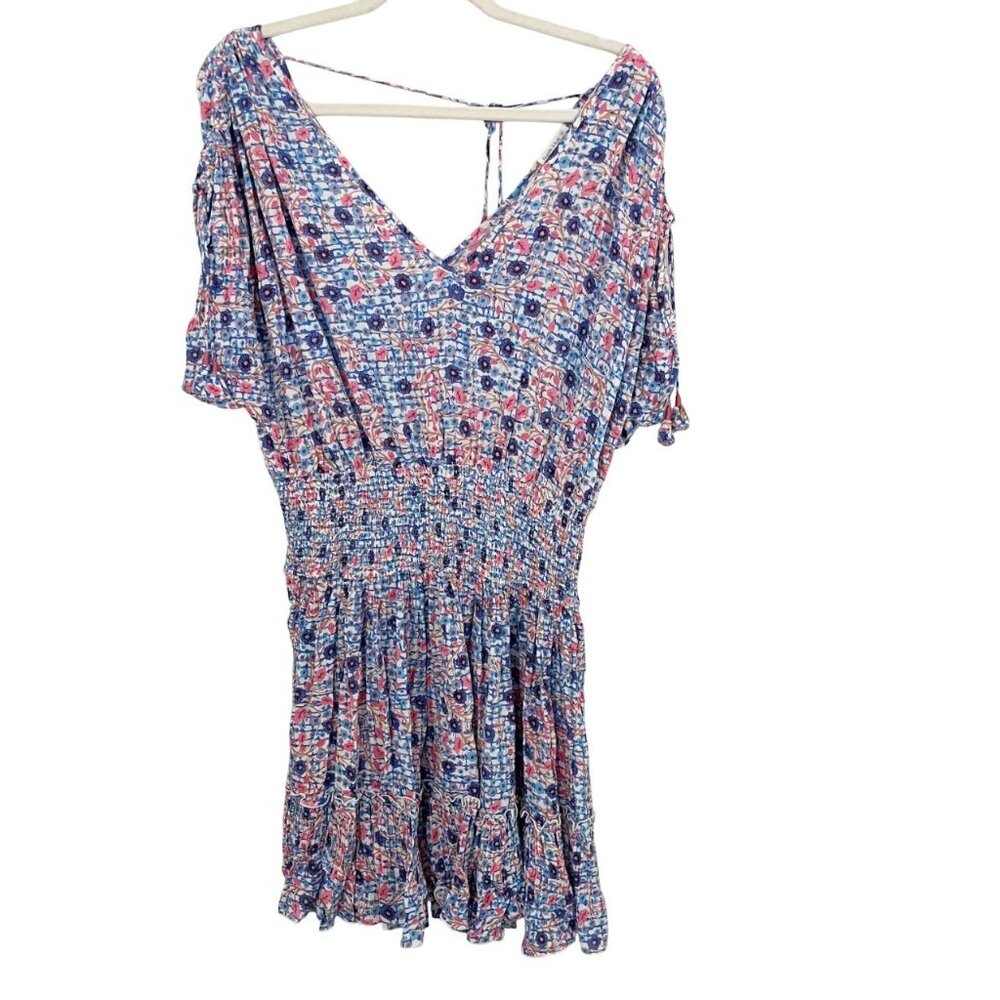 Poupette St. Barth Jena Mini‎ Dress Smocked Blue Pink Printed - Size Medium